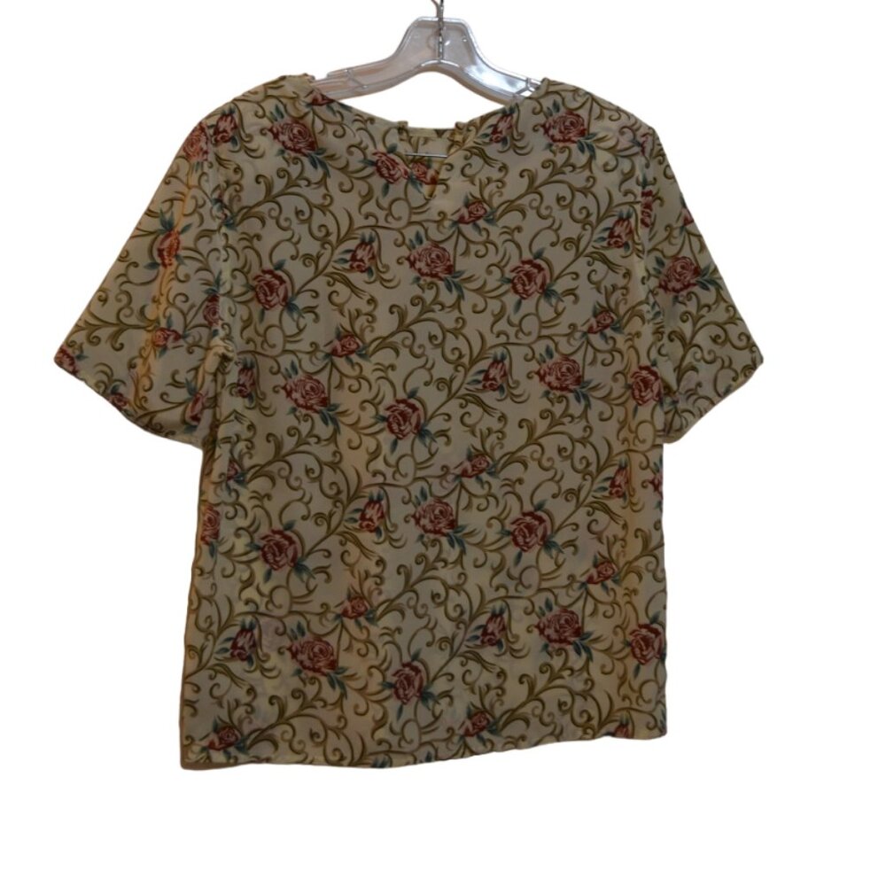 Jacqueline Ferrer (R) Floral Cream Rose Polyester Silky Short Sleeves Blouse M